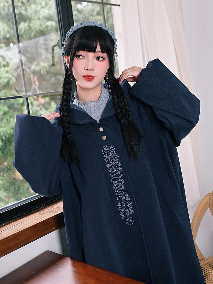 Jellyfish Embroidered Hooded Cocoon Coat