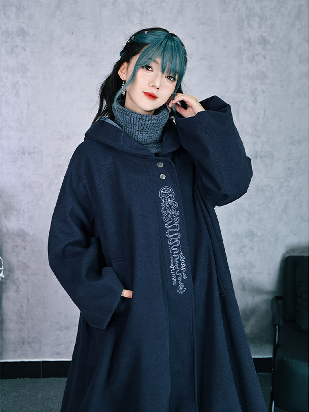Jellyfish Embroidered Hooded Cocoon Coat