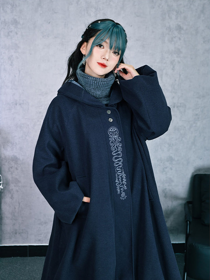 Jellyfish Embroidered Hooded Cocoon Coat