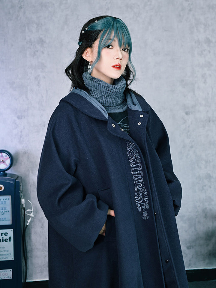 Jellyfish Embroidered Hooded Cocoon Coat