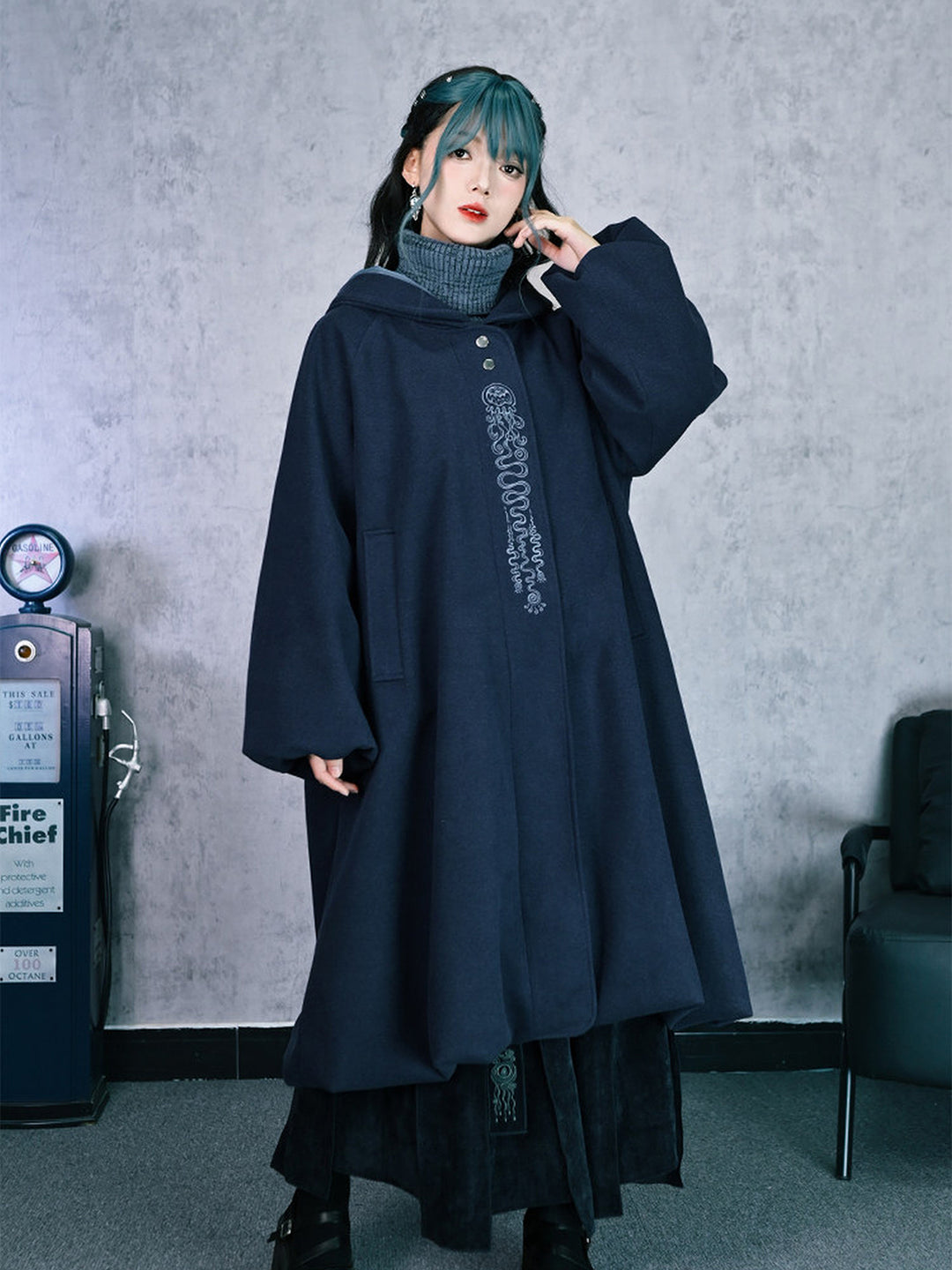 Jellyfish Embroidered Hooded Cocoon Coat