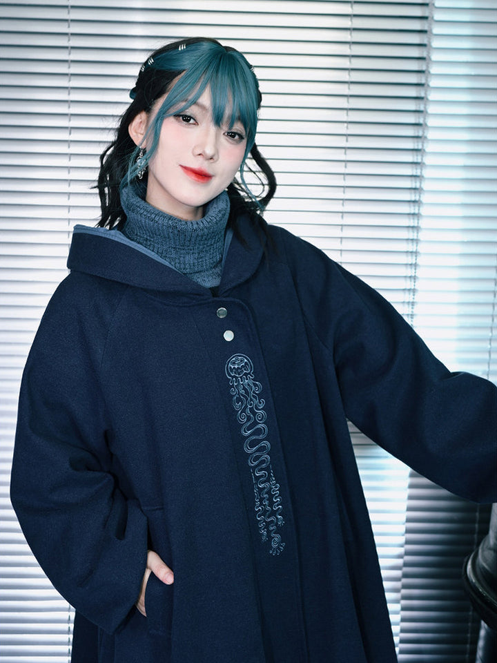 Jellyfish Embroidered Hooded Cocoon Coat