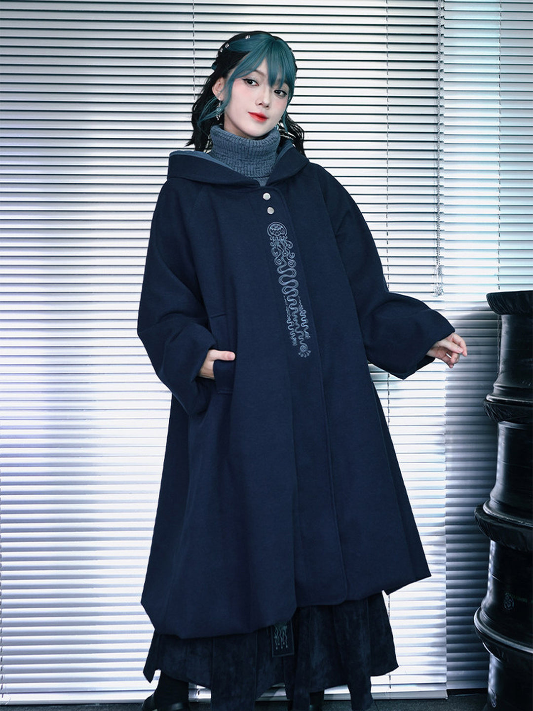 Jellyfish Embroidered Hooded Cocoon Coat