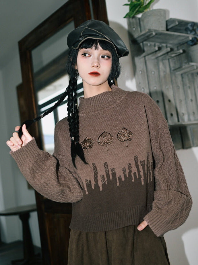 Leaf Embroidered Jacquard Mock Neck Sweater