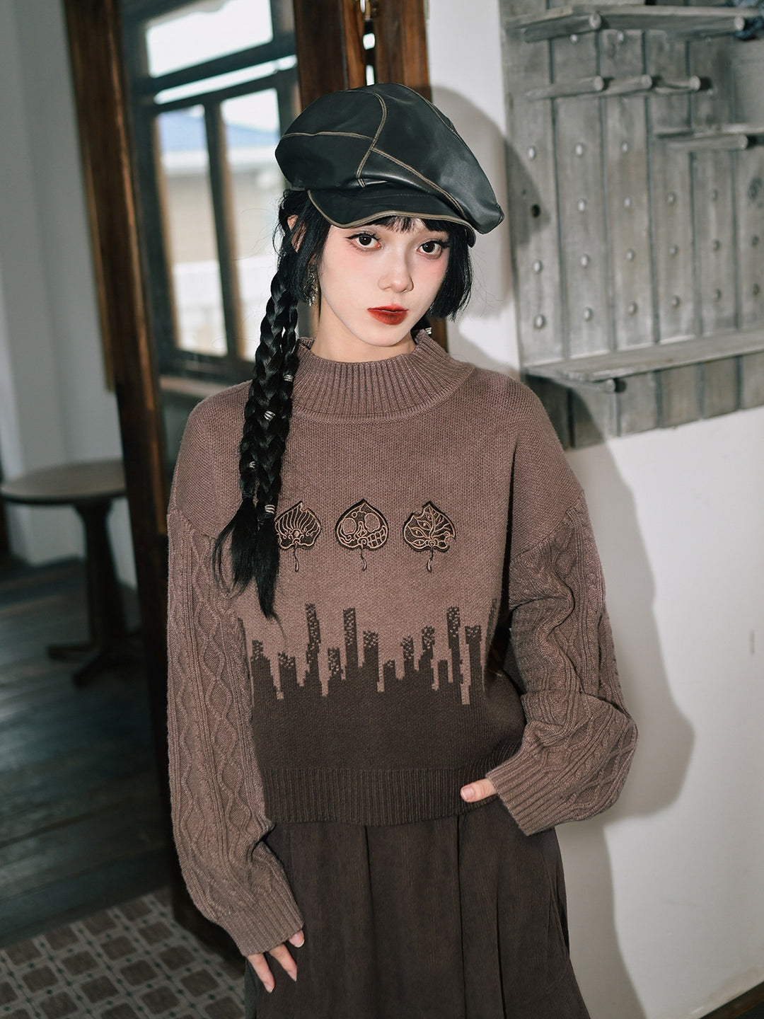 Leaf Embroidered Jacquard Mock Neck Sweater