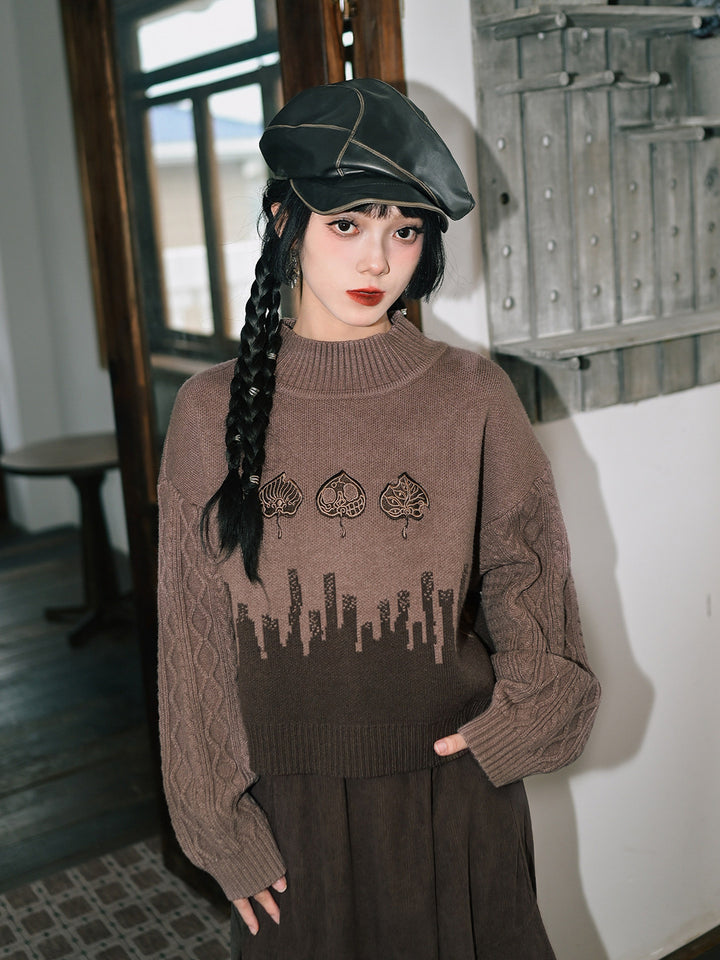 Leaf Embroidered Jacquard Mock Neck Sweater