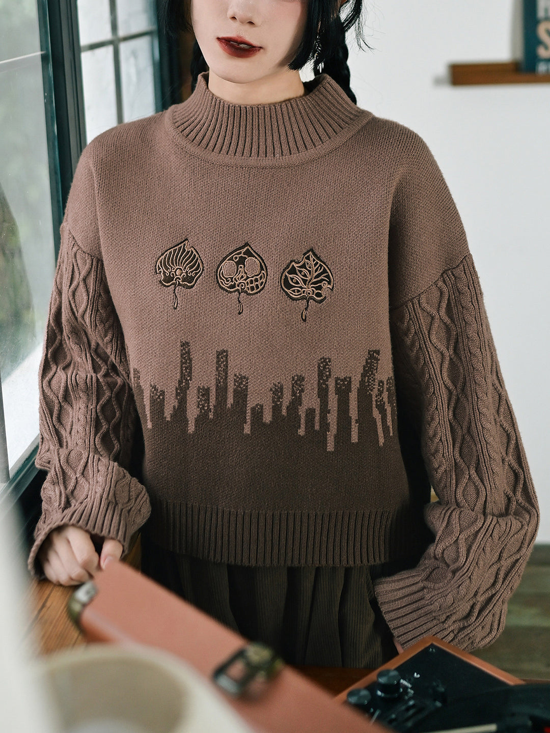 Leaf Embroidered Jacquard Mock Neck Sweater