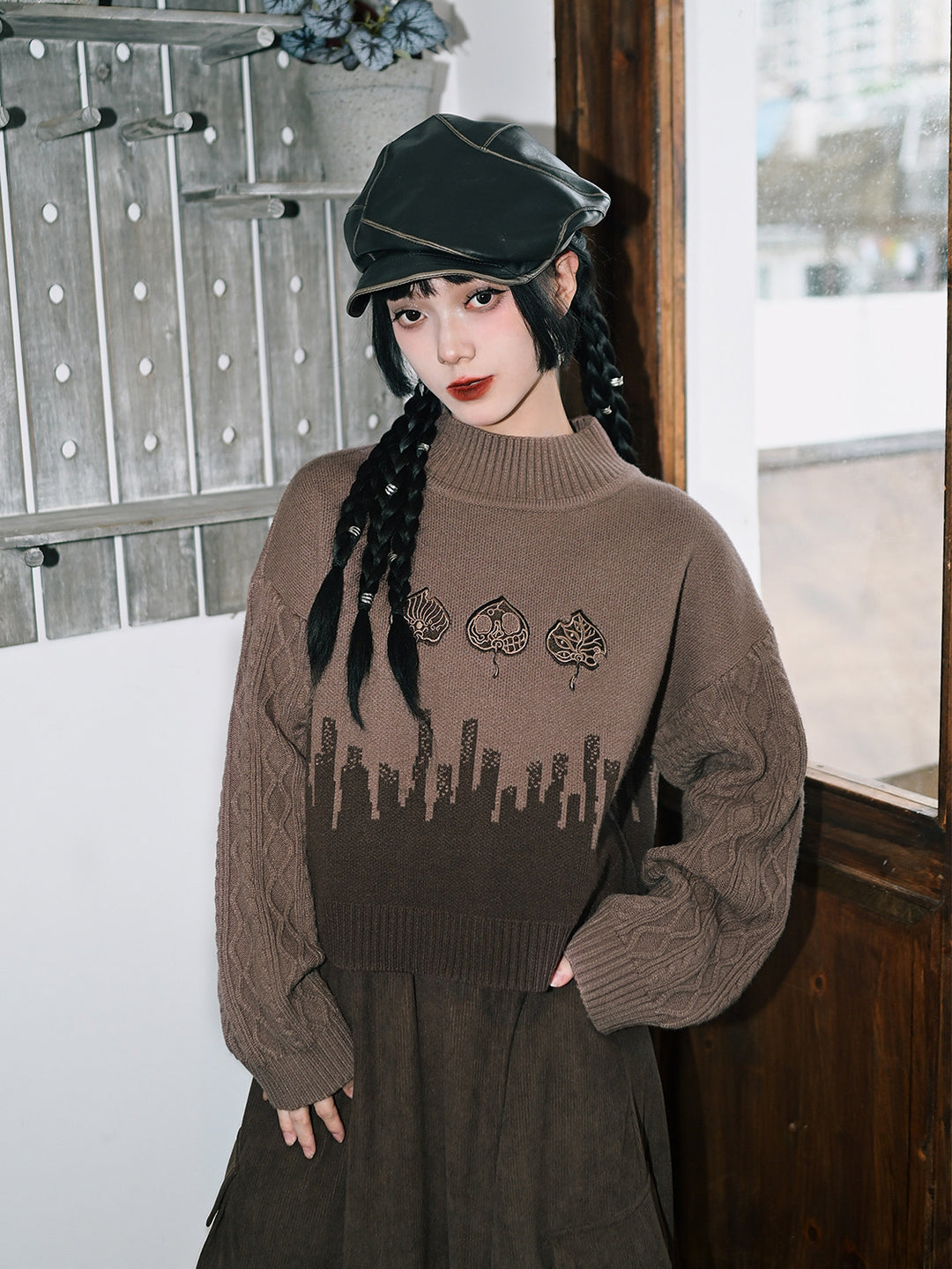 Leaf Embroidered Jacquard Mock Neck Sweater