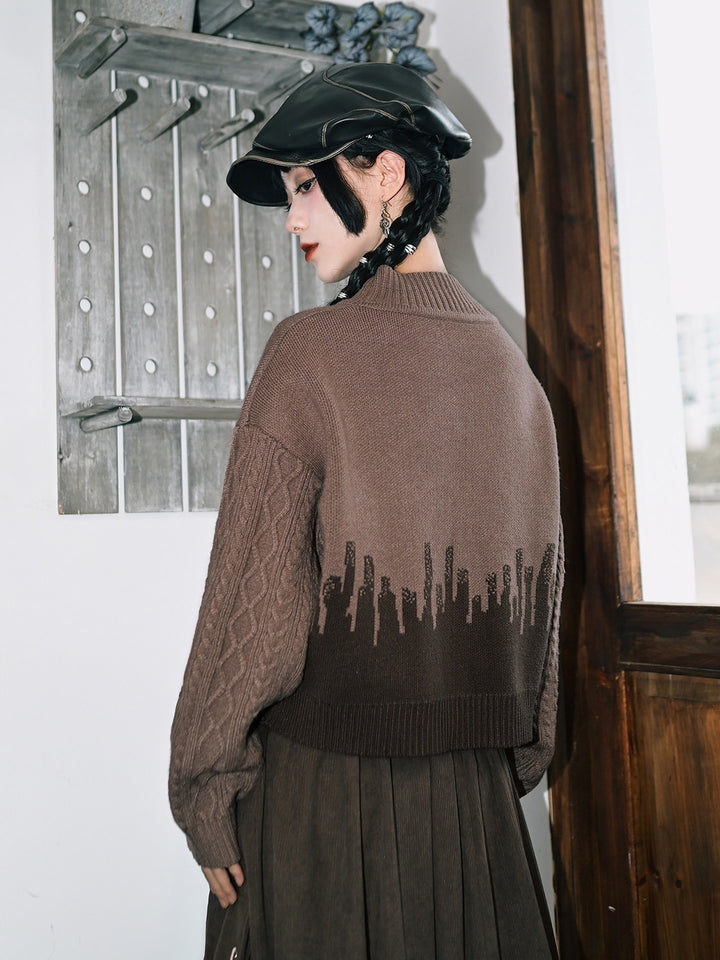 Leaf Embroidered Jacquard Mock Neck Sweater
