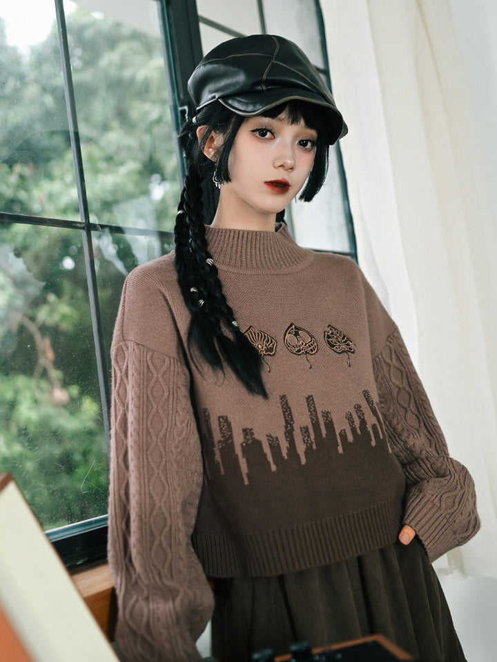 Leaf Embroidered Jacquard Mock Neck Sweater