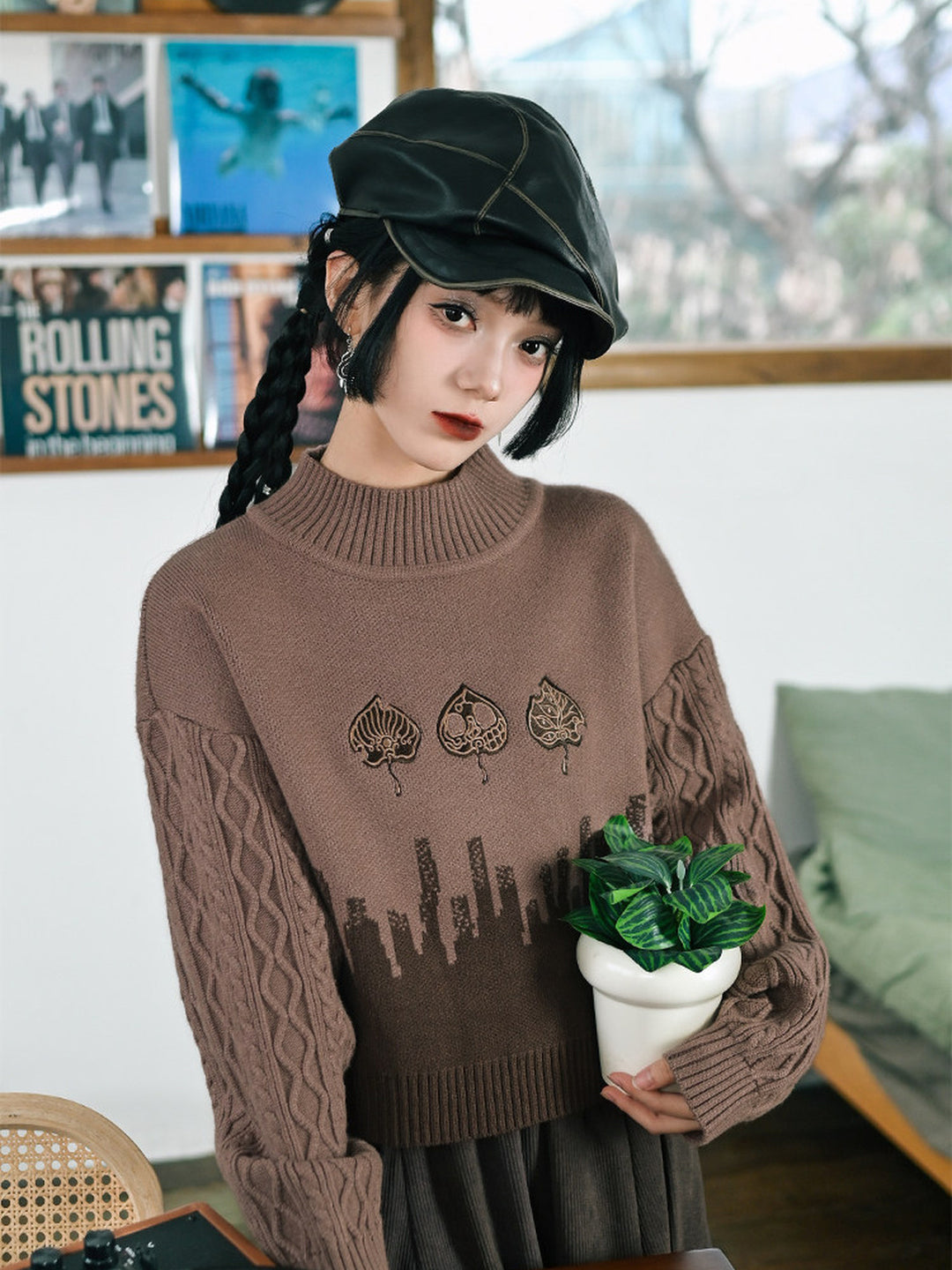Leaf Embroidered Jacquard Mock Neck Sweater