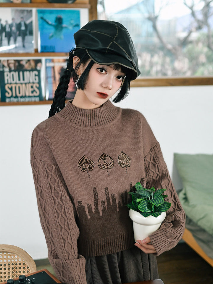 Leaf Embroidered Jacquard Mock Neck Sweater