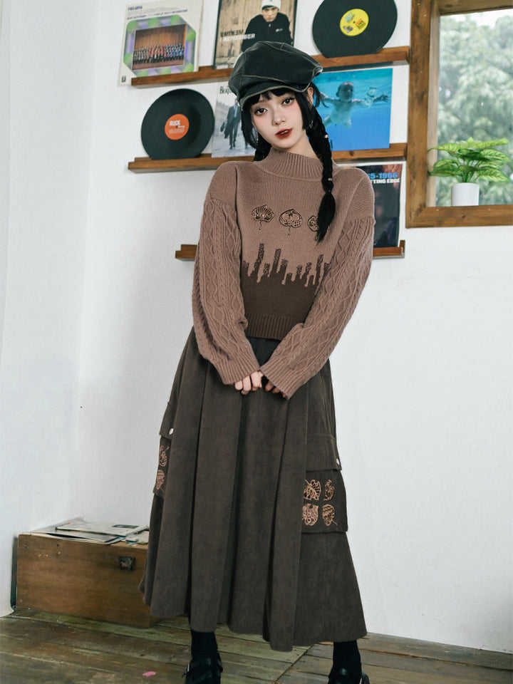 Leaf Embroidered Jacquard Mock Neck Sweater