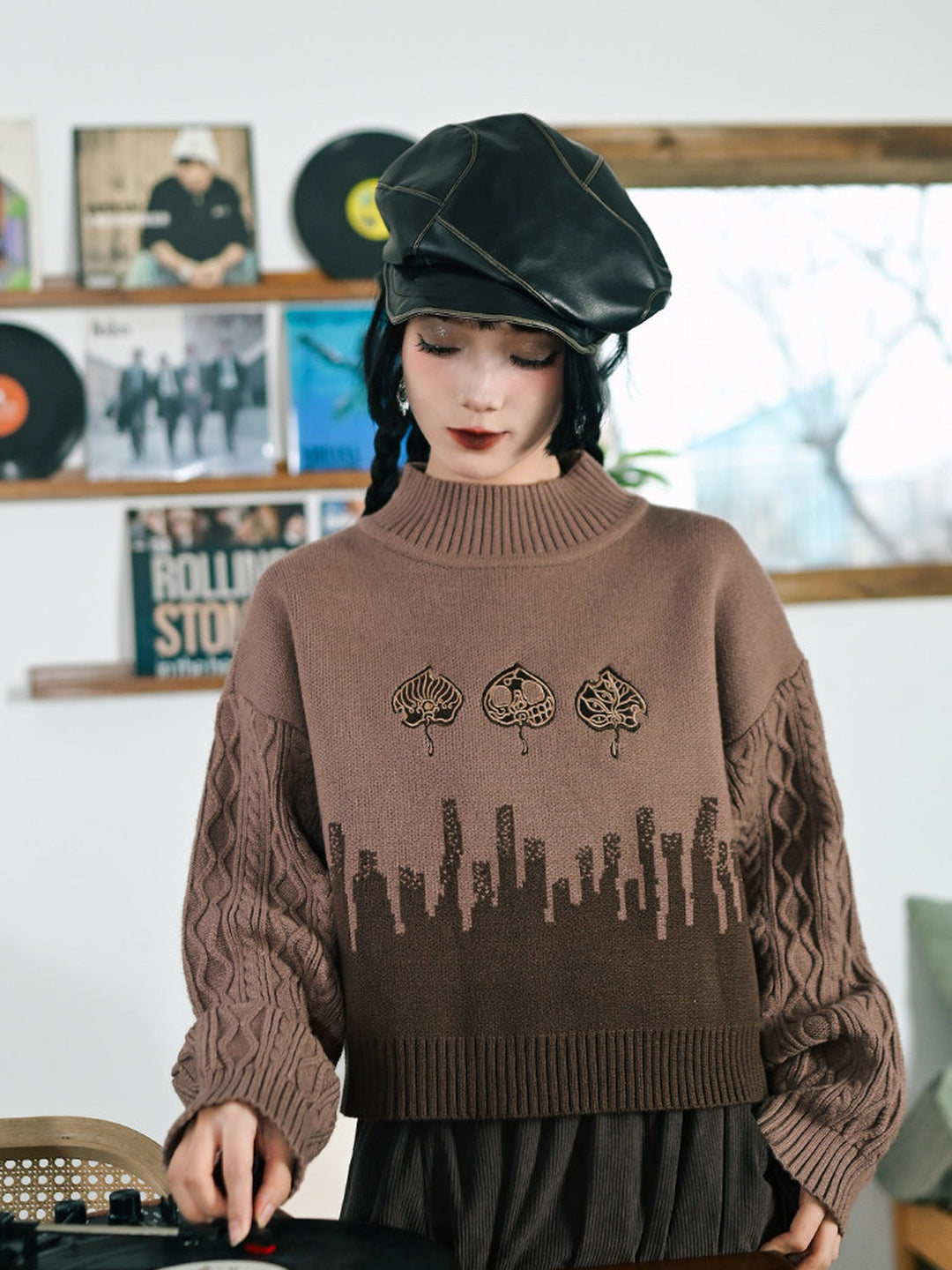 Leaf Embroidered Jacquard Mock Neck Sweater