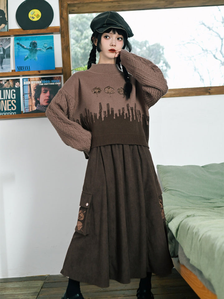 Leaf Embroidered Jacquard Mock Neck Sweater