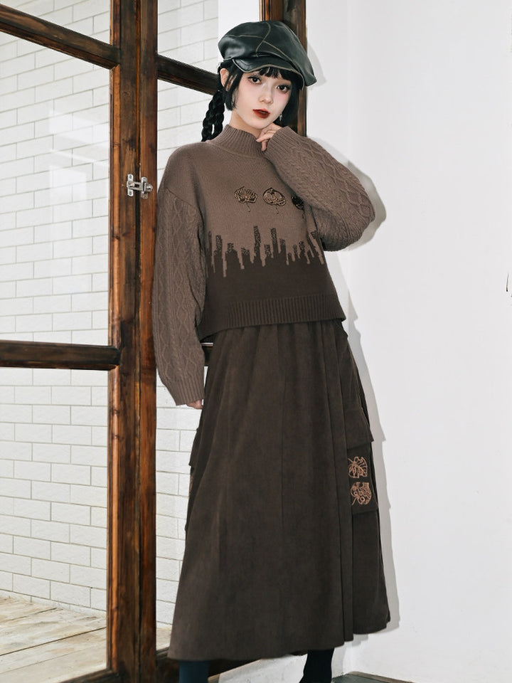 Leaf Embroidered Jacquard Mock Neck Sweater