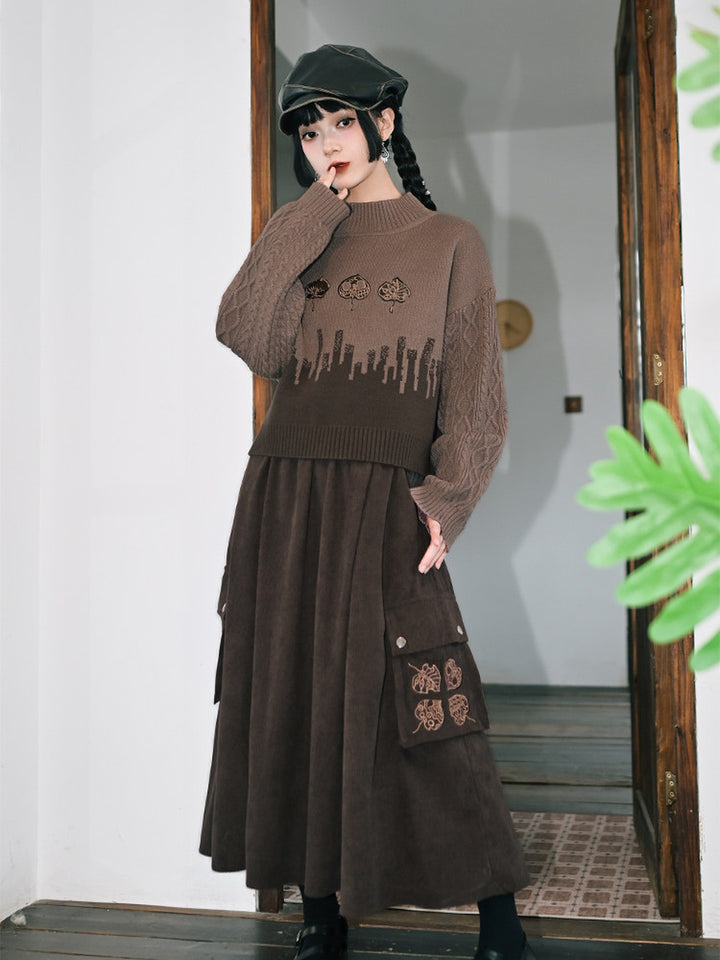 Leaf Embroidered Jacquard Mock Neck Sweater