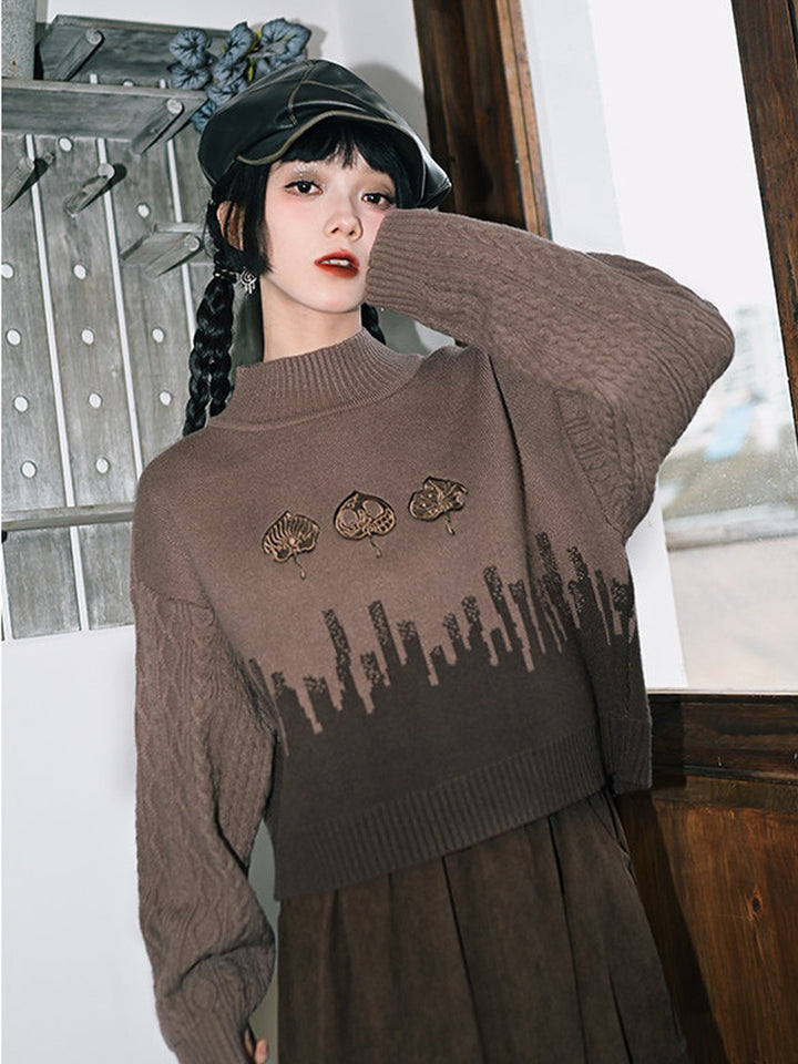 Leaf Embroidered Jacquard Mock Neck Sweater