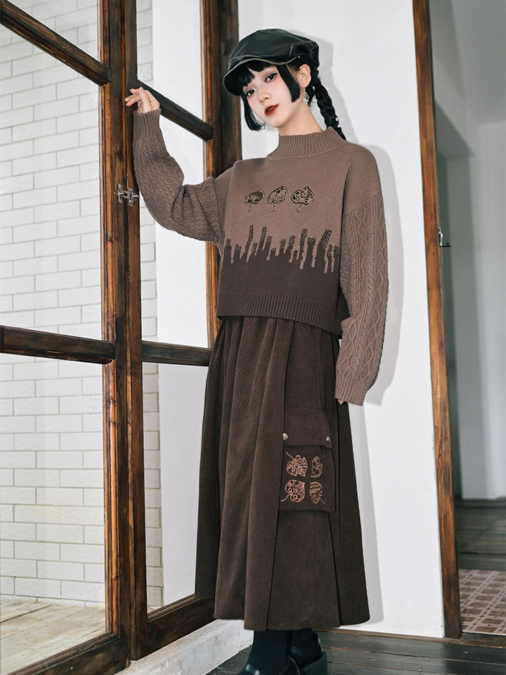 Leaf Embroidered Jacquard Mock Neck Sweater