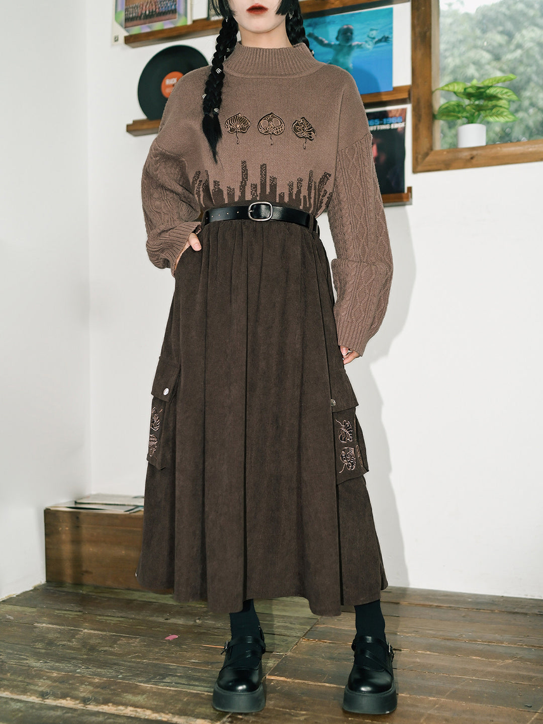 Leaf Embroidered Corduroy Maxi Skirt