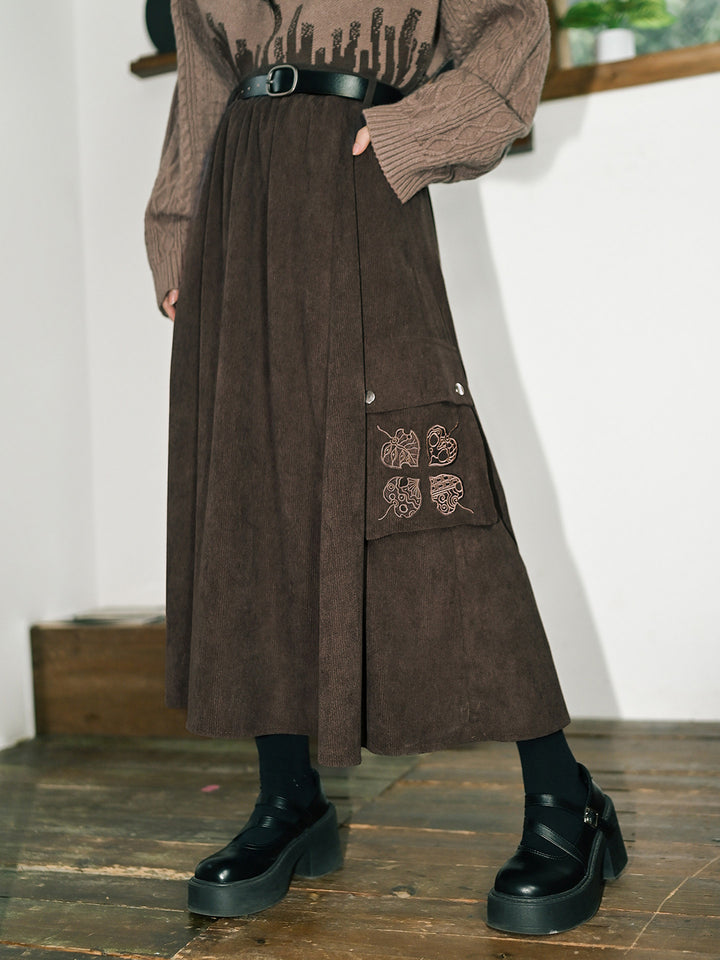 Leaf Embroidered Corduroy Maxi Skirt