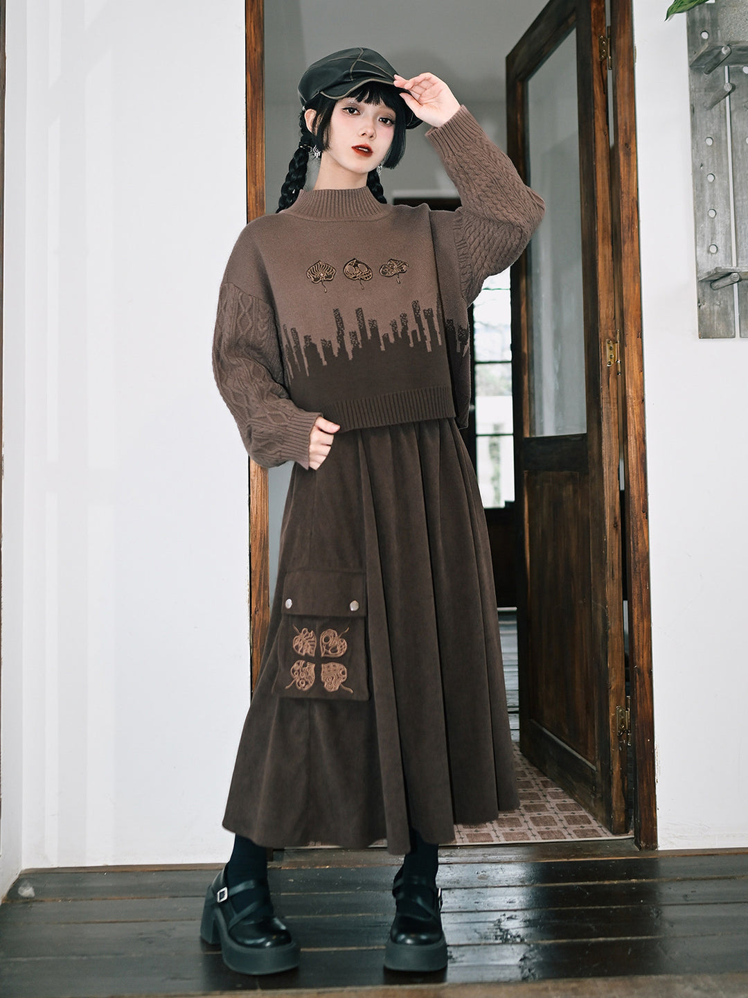 Leaf Embroidered Corduroy Maxi Skirt
