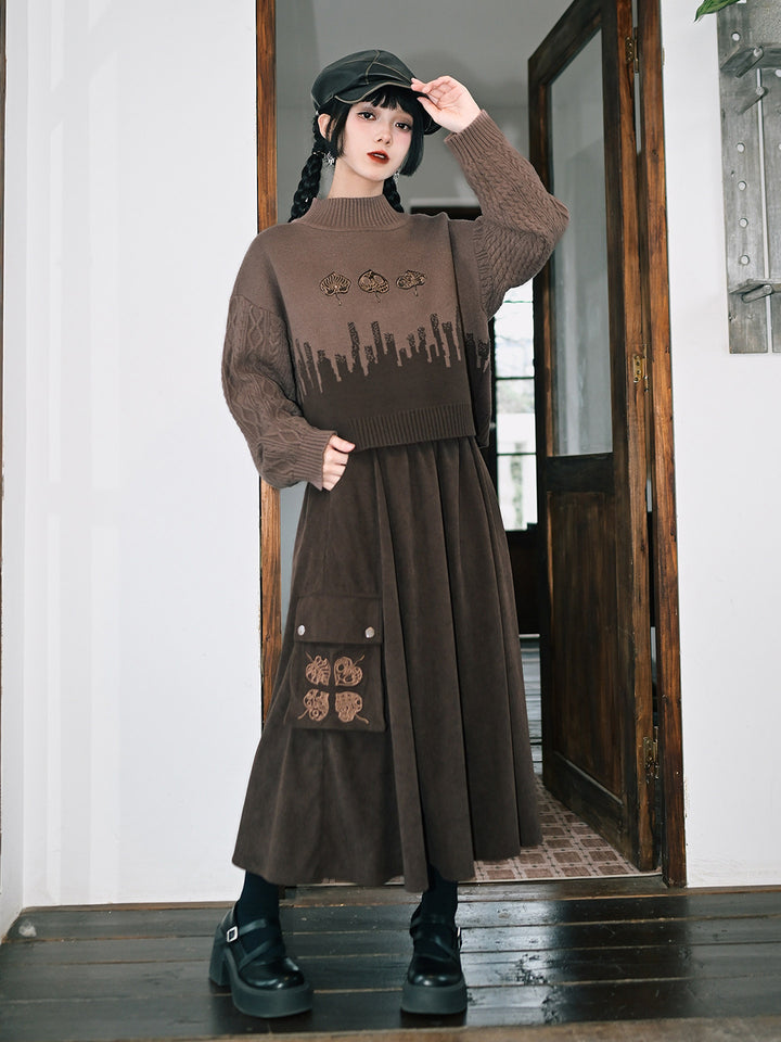 Leaf Embroidered Corduroy Maxi Skirt