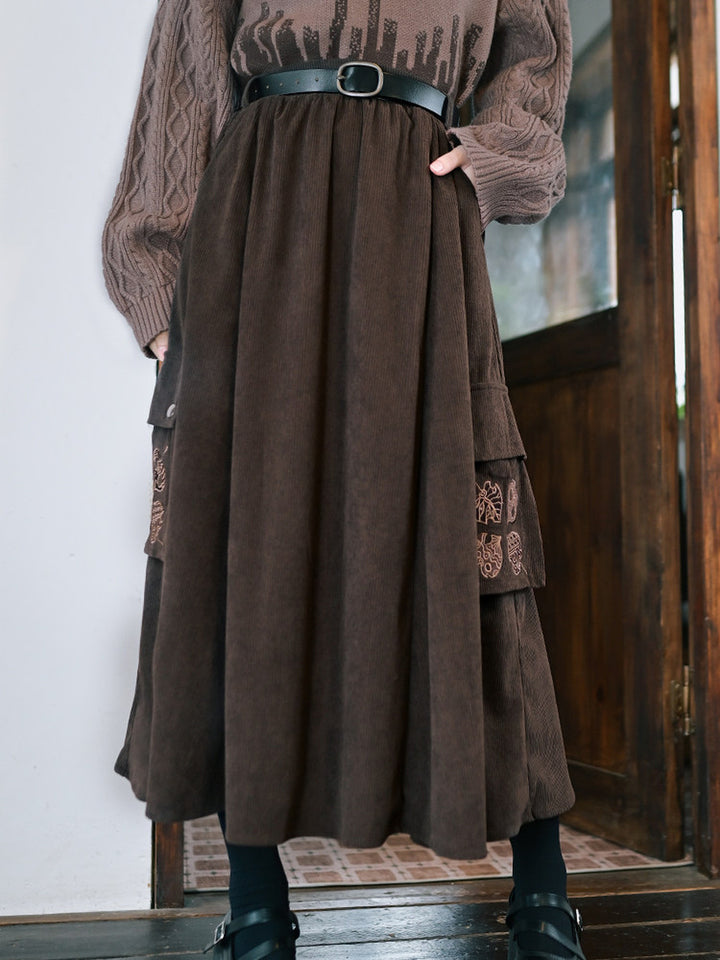 Leaf Embroidered Corduroy Maxi Skirt