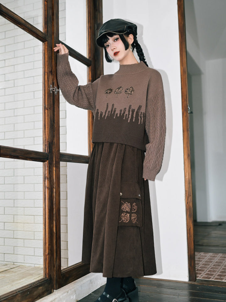 Leaf Embroidered Corduroy Maxi Skirt