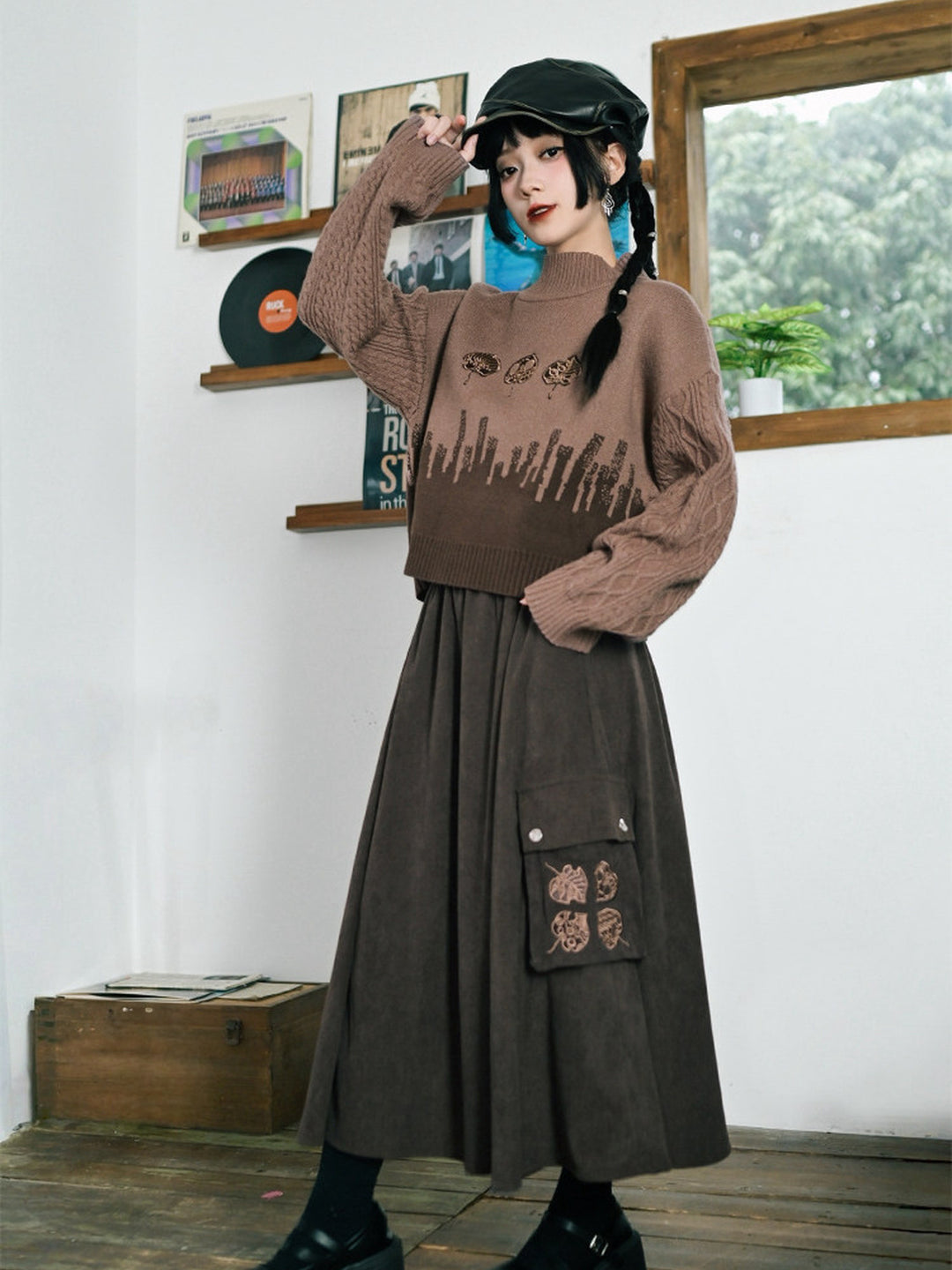 Leaf Embroidered Corduroy Maxi Skirt