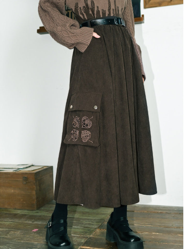 Leaf Embroidered Corduroy Maxi Skirt