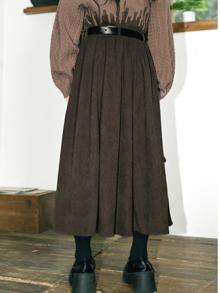 Leaf Embroidered Corduroy Maxi Skirt