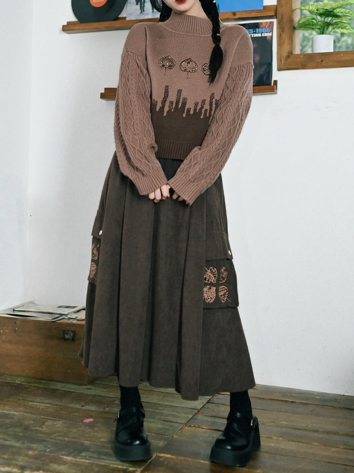 Leaf Embroidered Corduroy Maxi Skirt