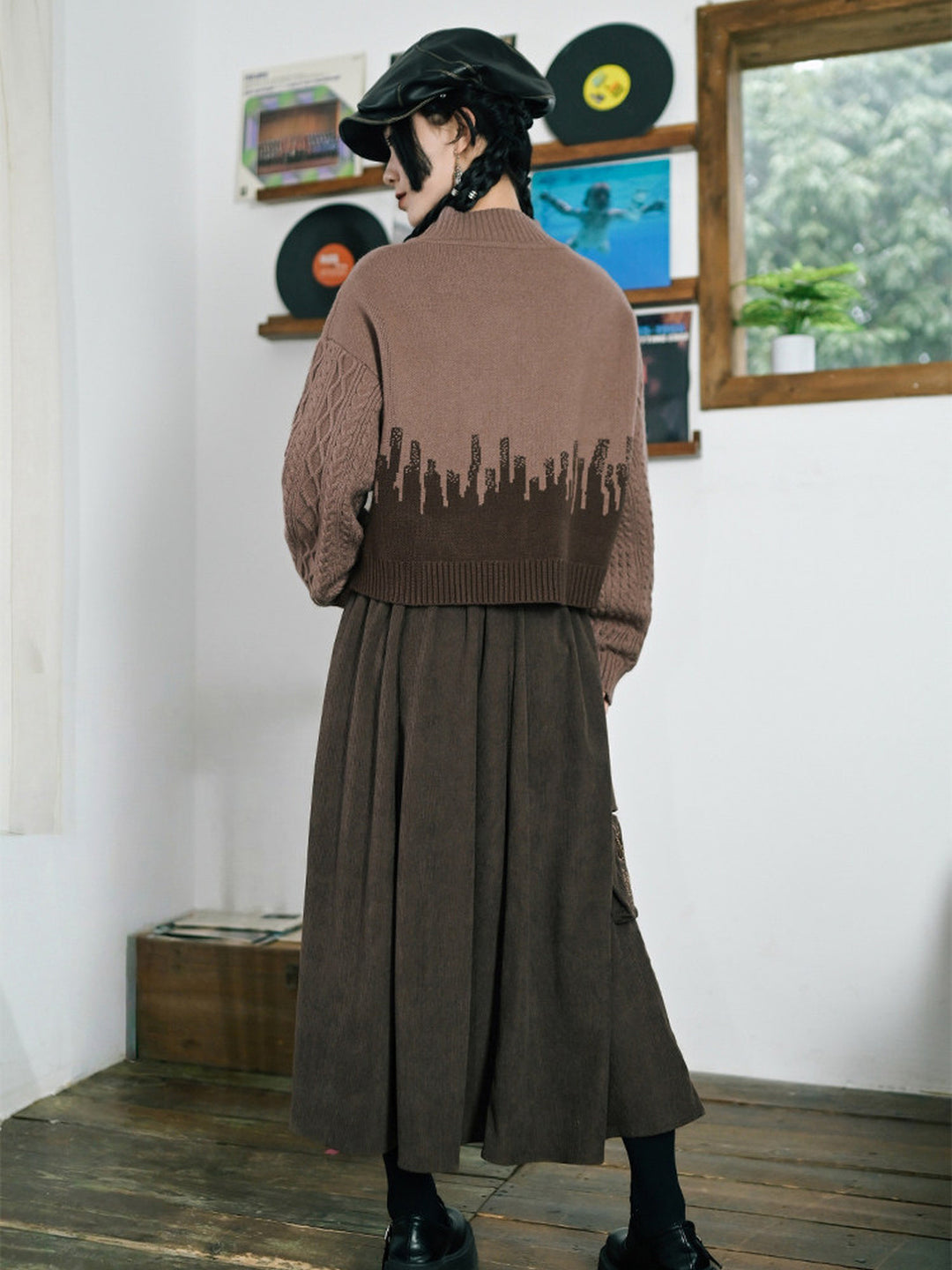 Leaf Embroidered Corduroy Maxi Skirt