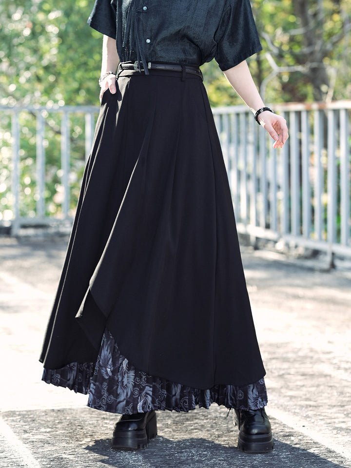 Asymmetric Layered Print Pleated Maxi Skirt