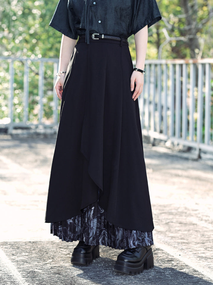 Asymmetric Layered Print Pleated Maxi Skirt