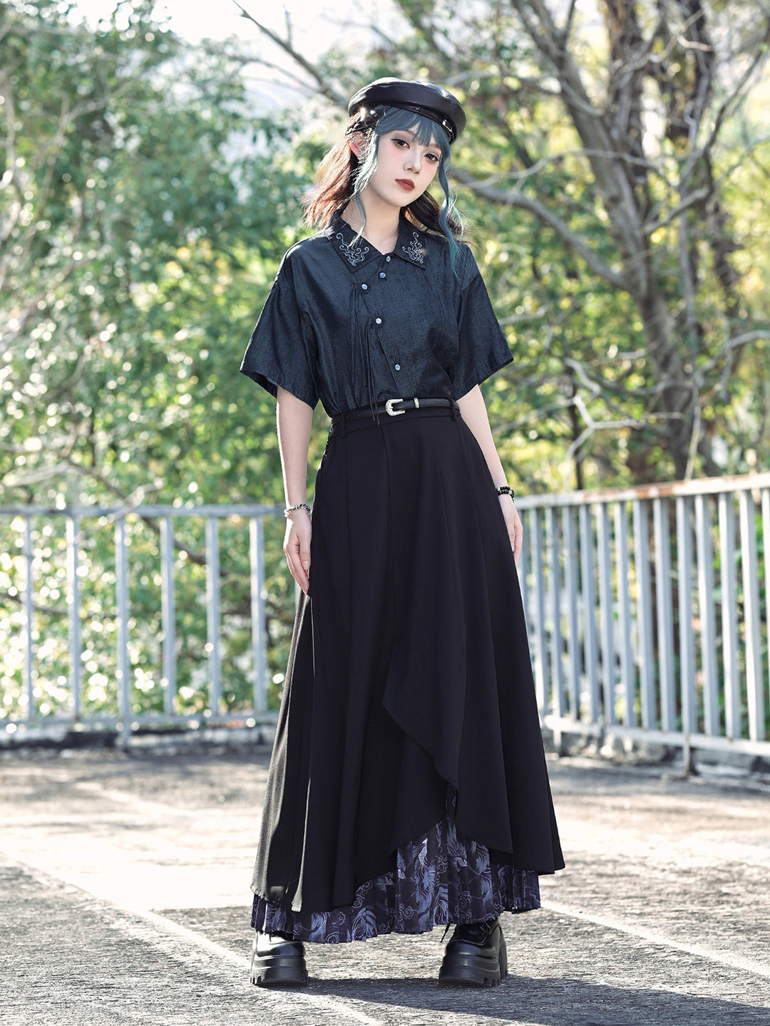 Asymmetric Layered Print Pleated Maxi Skirt