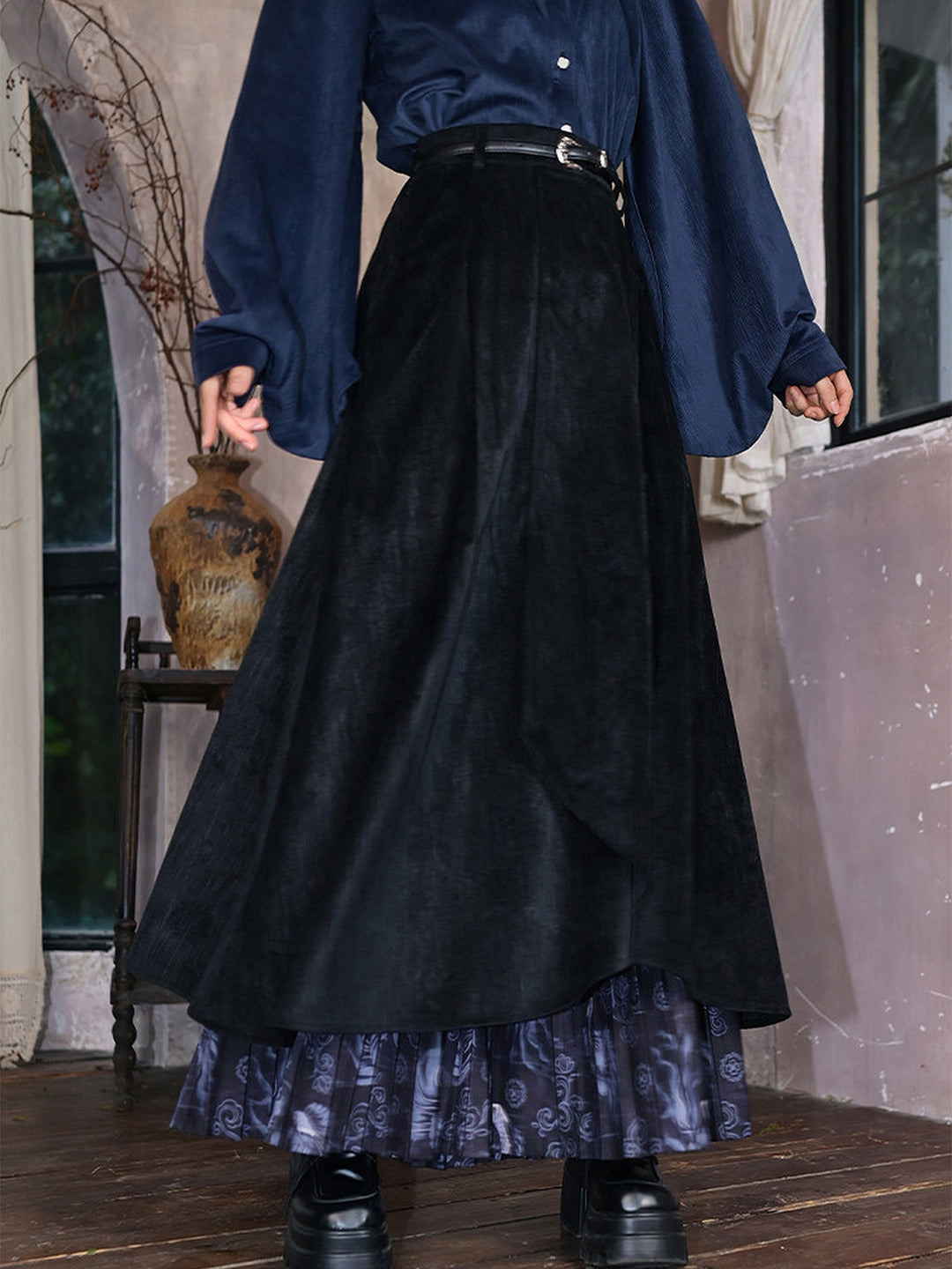 Asymmetric Layered Print Pleated Maxi Skirt