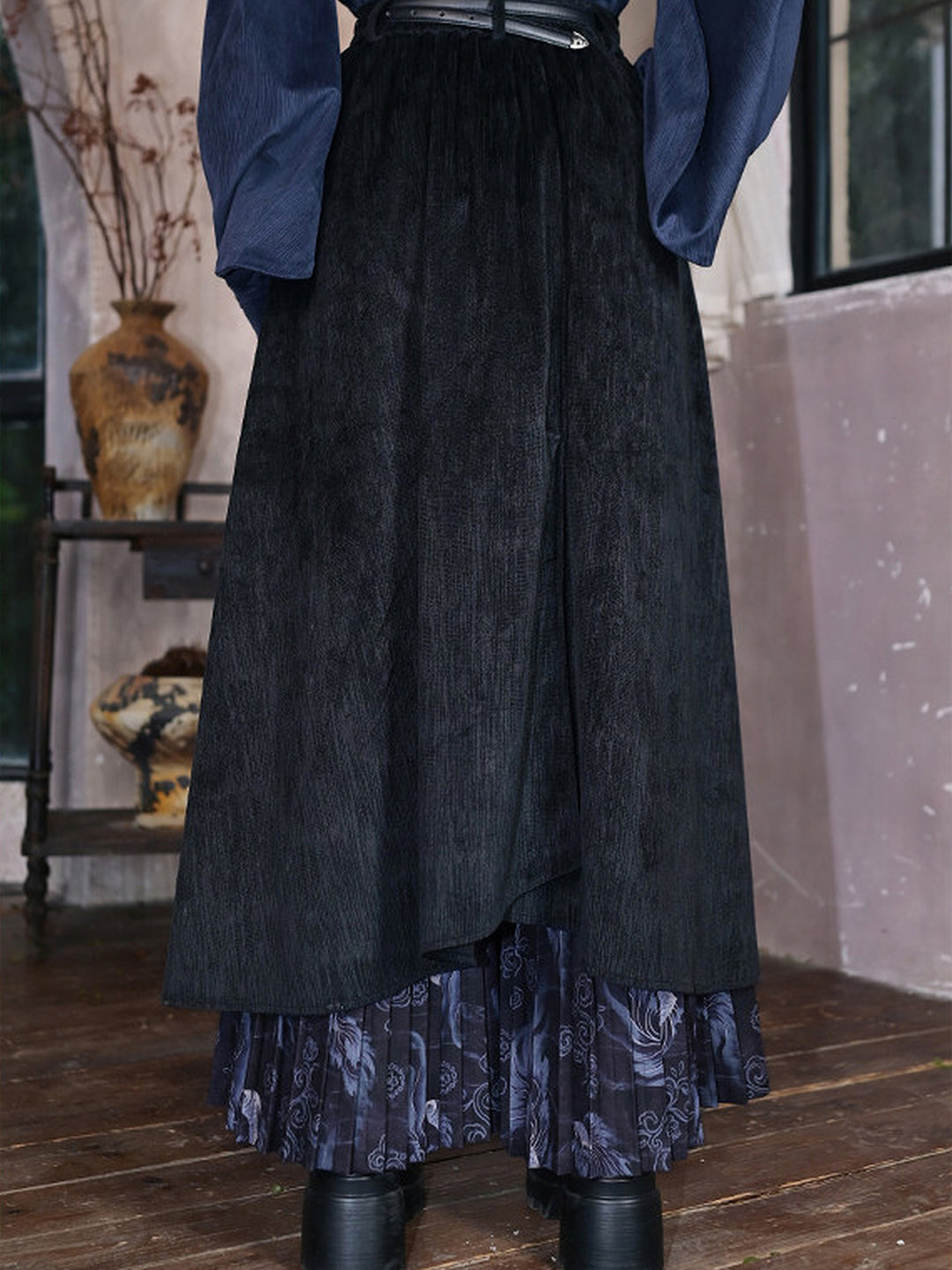 Asymmetric Layered Print Pleated Maxi Skirt