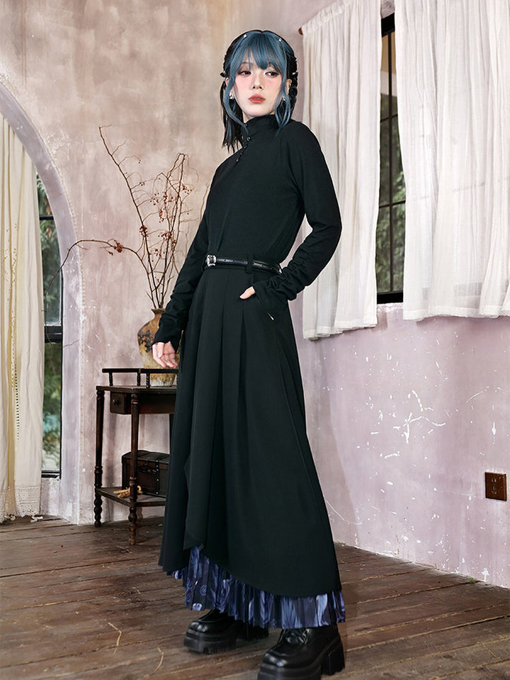 Asymmetric Layered Print Pleated Maxi Skirt