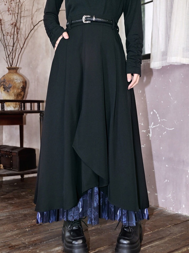 Asymmetric Layered Print Pleated Maxi Skirt