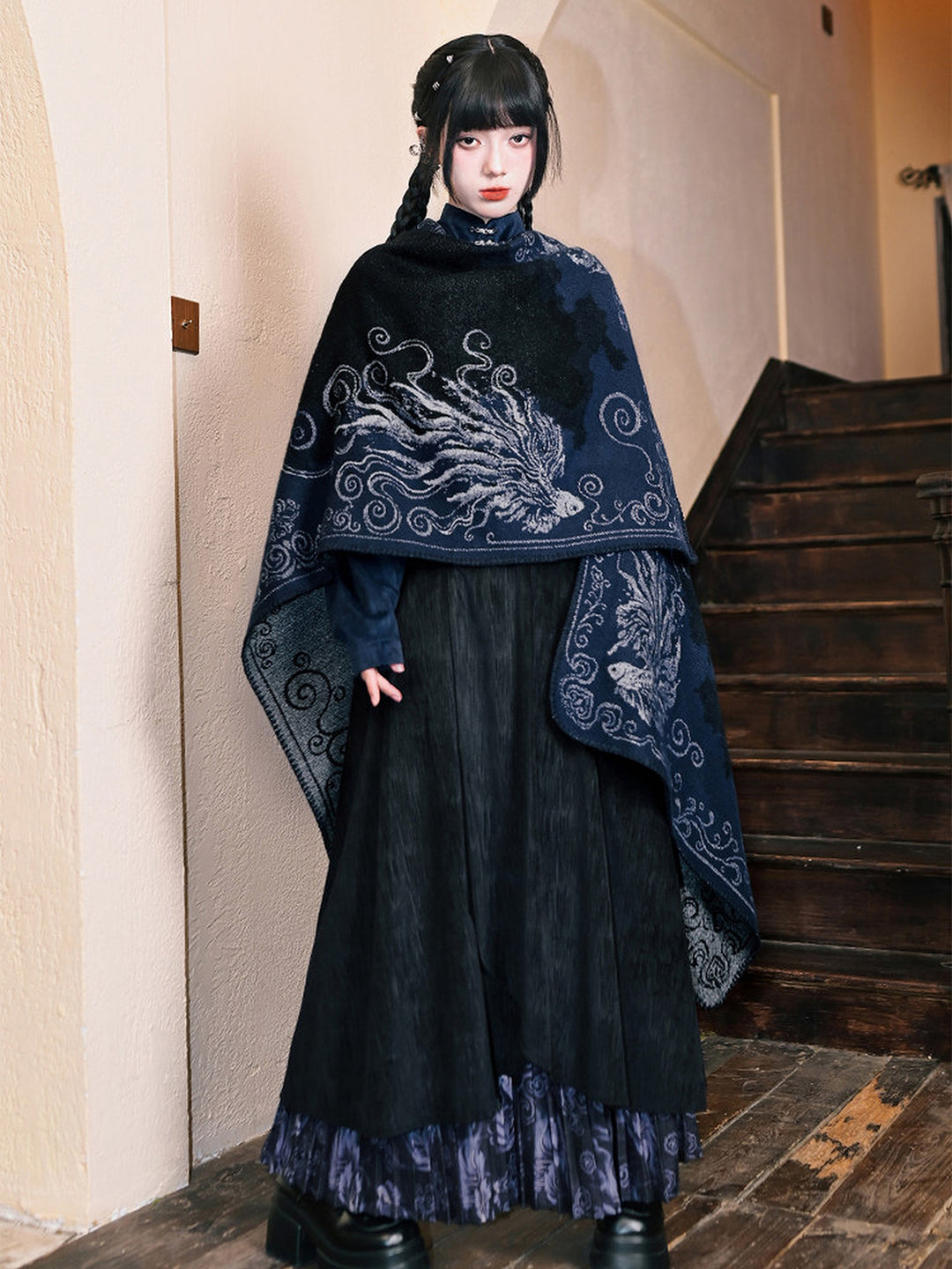 Asymmetric Layered Print Pleated Maxi Skirt