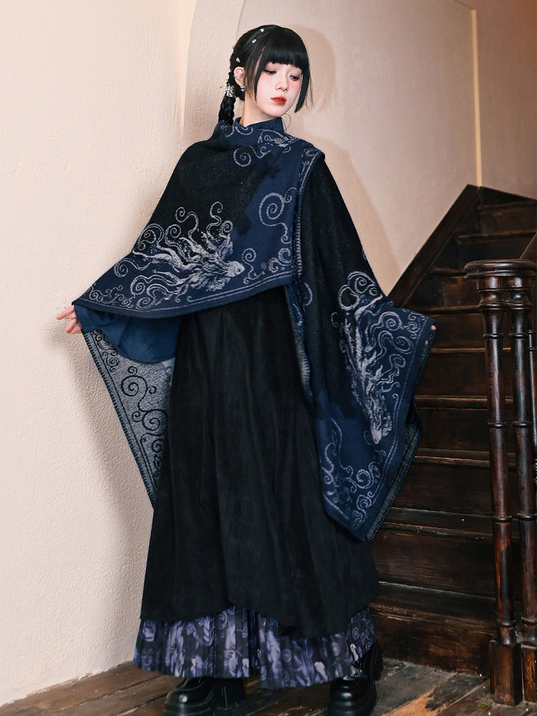 Asymmetric Layered Print Pleated Maxi Skirt