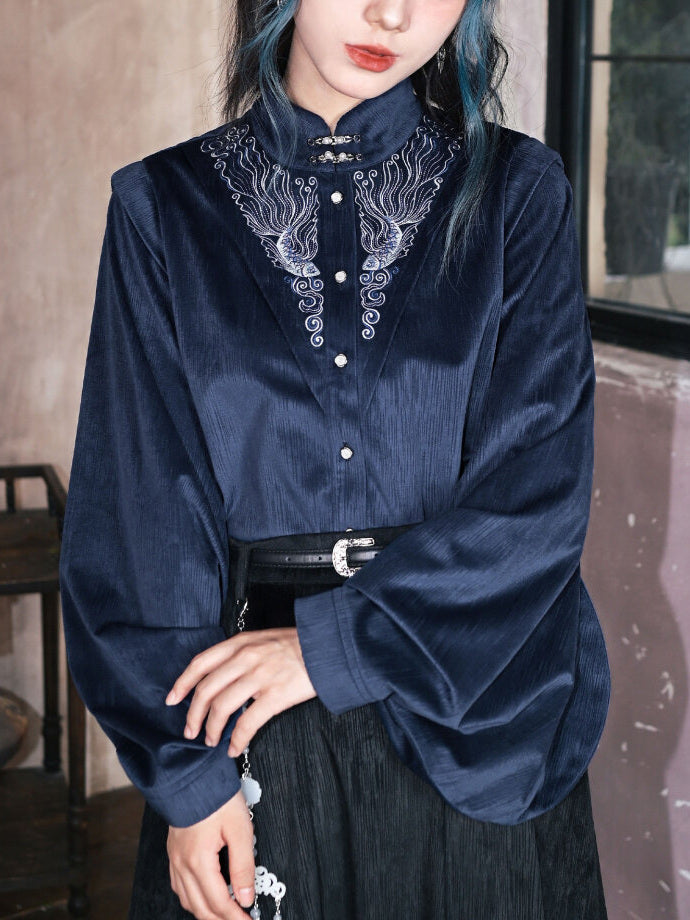 Chinese-Inspired Fish Embroidered Pipa Sleeve Shirt