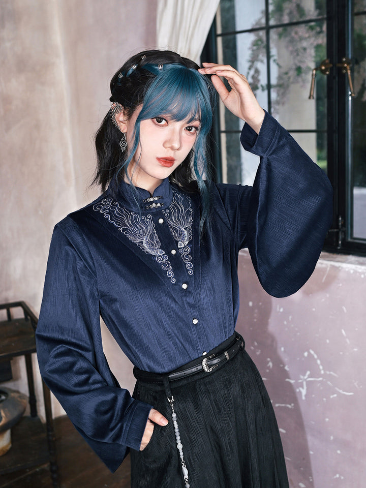 Chinese-Inspired Fish Embroidered Pipa Sleeve Shirt