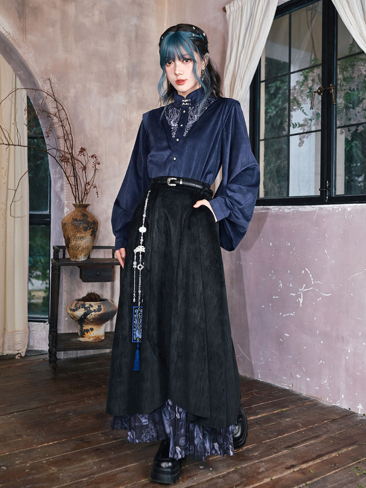 Chinese-Inspired Fish Embroidered Pipa Sleeve Shirt