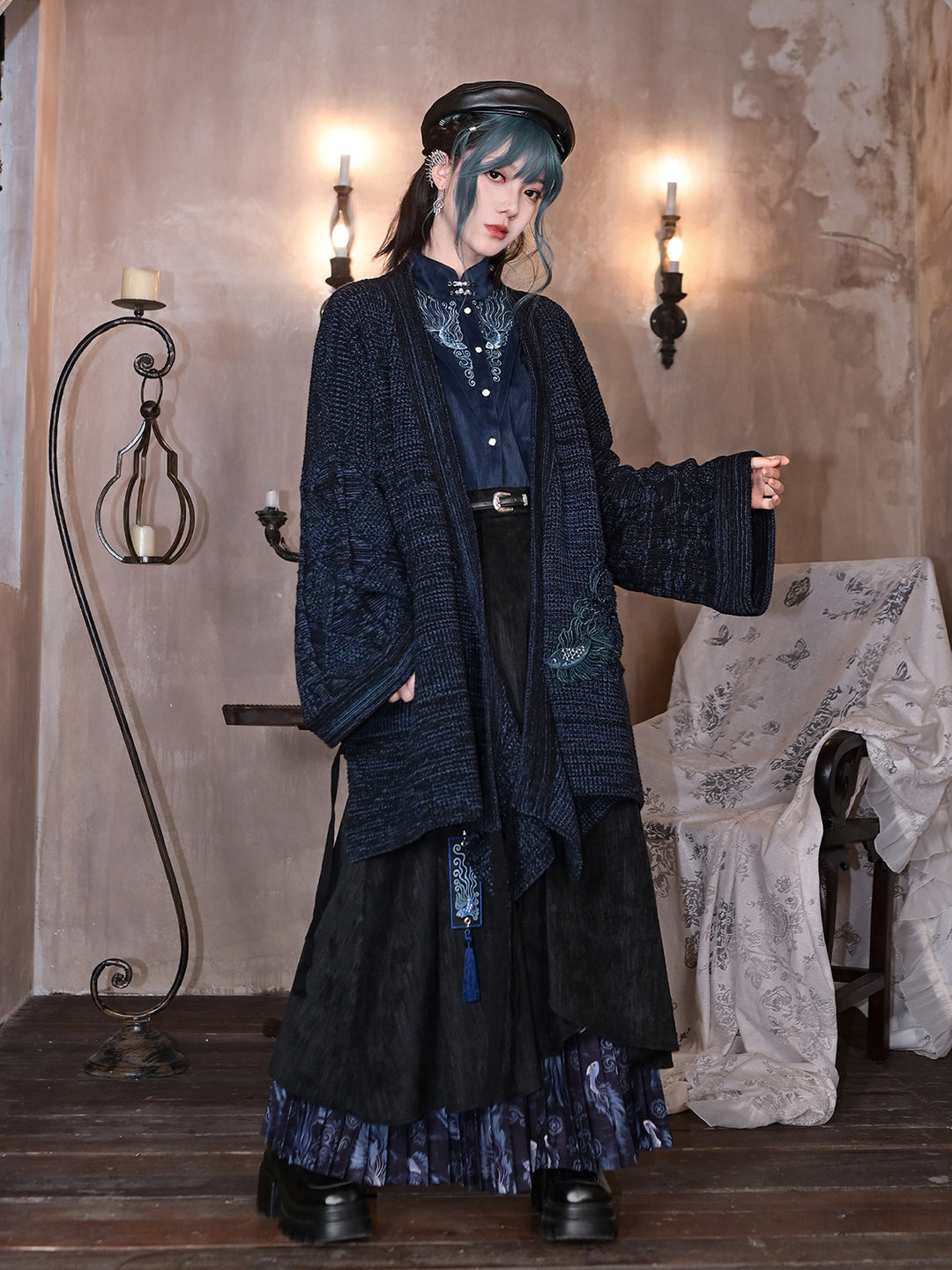 Chinese-Inspired Fish Embroidered Pipa Sleeve Shirt