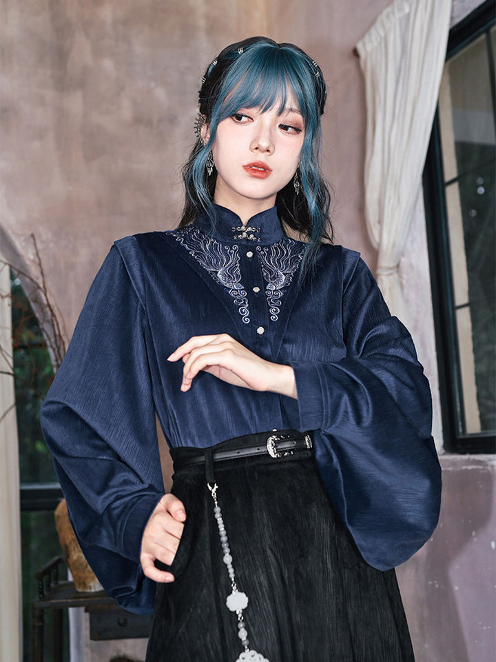 Chinese-Inspired Fish Embroidered Pipa Sleeve Shirt