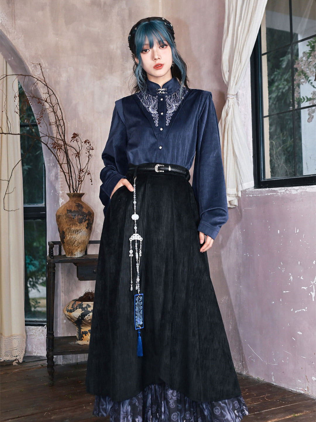 Chinese-Inspired Fish Embroidered Pipa Sleeve Shirt