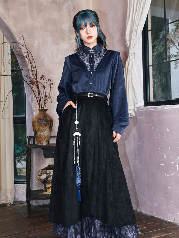Chinese-Inspired Fish Embroidered Pipa Sleeve Shirt